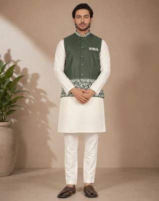 Off white-olive color embroidered daaman work shiny silk men's kurta payjama set 2