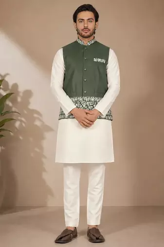 Off white-olive color embroidered daaman work shiny silk men's kurta payjama set