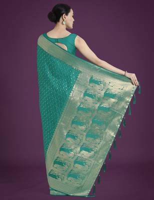 teal green silk blend banarasi jacuard work saree with unstitched blouse piece 3