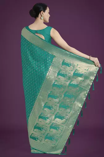 teal green silk blend banarasi jacuard work saree with unstitched blouse piece