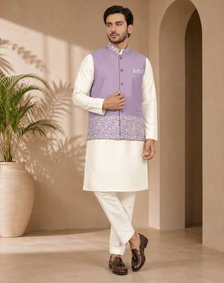 Off white-lavender color embroidered daaman work shiny silk men's kurta payjama set 1
