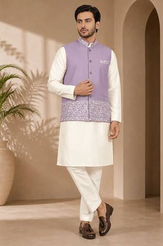 Off white-lavender color embroidered daaman work shiny silk men's kurta payjama set