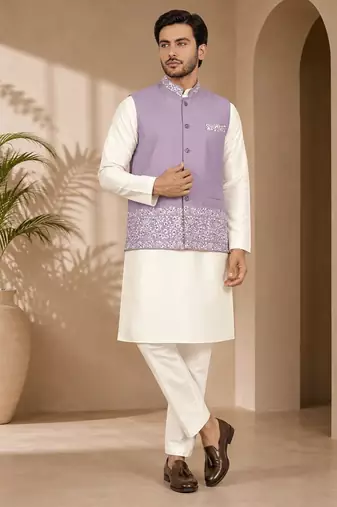 Off white-lavender color embroidered daaman work shiny silk men's kurta payjama set