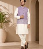 Off white-lavender color embroidered daaman work shiny silk men's kurta payjama set
