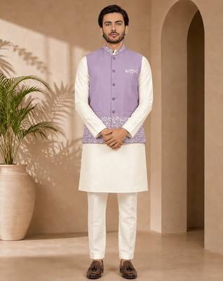 Off white-lavender color embroidered daaman work shiny silk men's kurta payjama set 2
