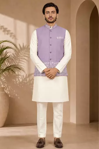 Off white-lavender color embroidered daaman work shiny silk men's kurta payjama set