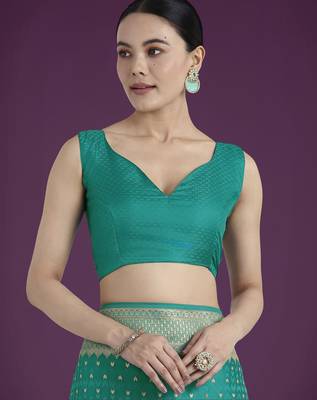 teal green silk blend banarasi jacuard work saree with unstitched blouse piece 5