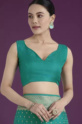 teal green silk blend banarasi jacuard work saree with unstitched blouse piece