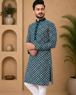 Teal color white embroidery thread work with multi sequence silk men's kurta payjama set 3