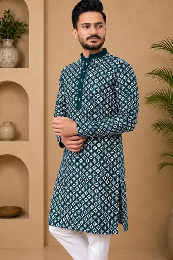 Teal color white embroidery thread work with multi sequence silk men's kurta payjama set