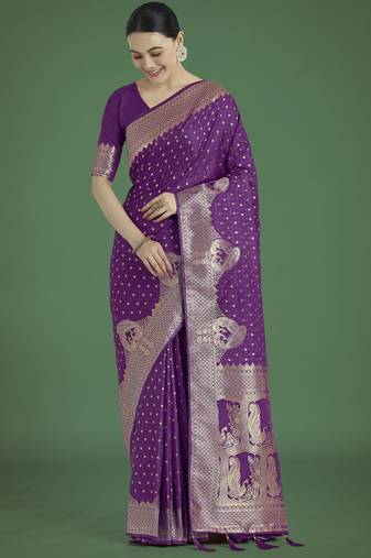 wine silk blend banarasi jacuard work saree with unstitched blouse piece
