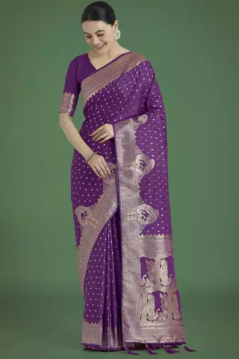 wine silk blend banarasi jacuard work saree with unstitched blouse piece