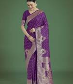 wine silk blend banarasi jacuard work saree with unstitched blouse piece