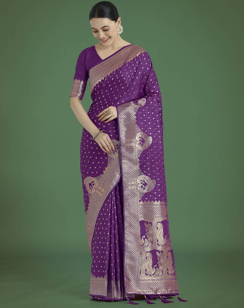 wine silk blend banarasi jacuard work saree with unstitched blouse piece