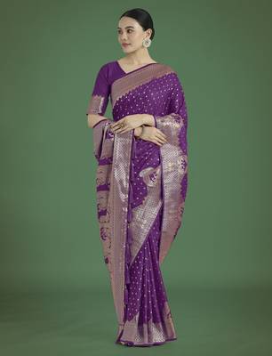 wine silk blend banarasi jacuard work saree with unstitched blouse piece 2