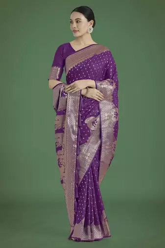 wine silk blend banarasi jacuard work saree with unstitched blouse piece