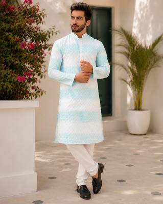 Sky blue color embroidery work & shading print cotton men's kurta payjama set 2