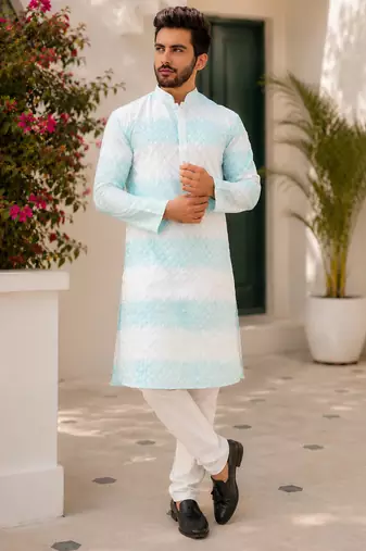 Sky blue color embroidery work & shading print cotton men's kurta payjama set