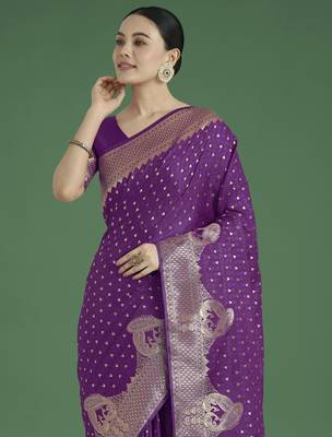 wine silk blend banarasi jacuard work saree with unstitched blouse piece 4