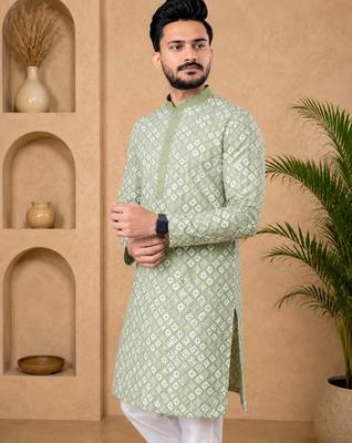Pista color white embroidery thread work with multi sequence silk men's kurta payjama set 3