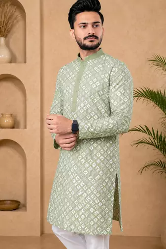 Pista color white embroidery thread work with multi sequence silk men's kurta payjama set
