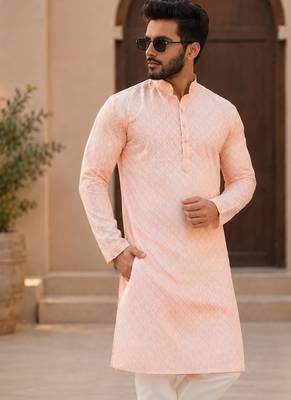 Peach color embroidery work & shading print cotton men's kurta payjama set 3