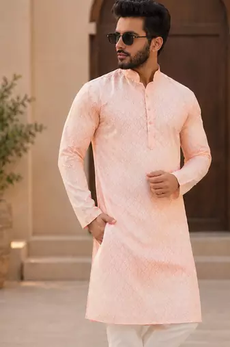 Peach color embroidery work & shading print cotton men's kurta payjama set