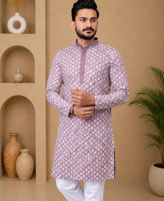 Lavender color white embroidery thread work with multi sequence silk men's kurta payjama set 3
