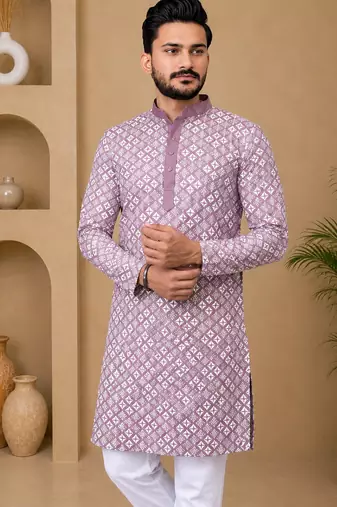 Lavender color white embroidery thread work with multi sequence silk men's kurta payjama set