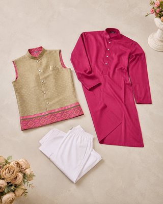 Golden color weaving work with ikkat kanjivaram cotton men's kurta payjama set 5