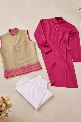 Golden color weaving work with ikkat kanjivaram cotton men's kurta payjama set