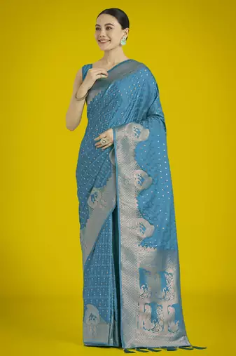rama silk blend banarasi jacuard work saree with unstitched blouse piece