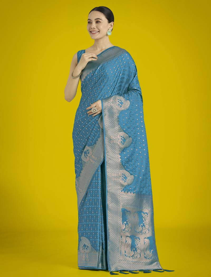 rama silk blend banarasi jacuard work saree with unstitched blouse piece