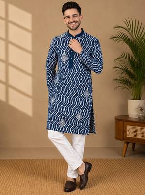 Teal color unique cross pattern white thread embroidery with silver sequence silk men's kurta payjama set 1