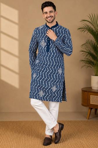 Teal color unique cross pattern white thread embroidery with silver sequence silk men's kurta payjama set