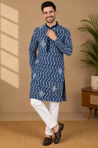 Teal color unique cross pattern white thread embroidery with silver sequence silk men's kurta payjama set