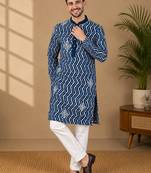Teal color unique cross pattern white thread embroidery with silver sequence silk men's kurta payjama set
