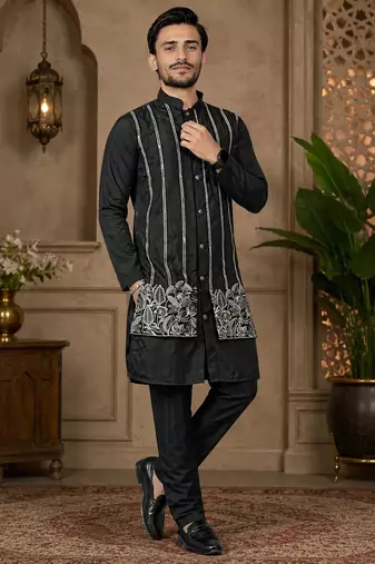 Black color embroidery work silk indo ethnic men's kurta payjama set