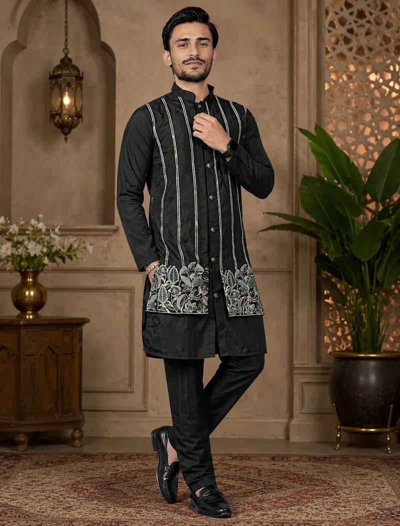 Black color embroidery work silk indo ethnic men's kurta payjama set