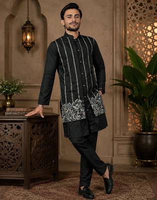 Black color embroidery work silk indo ethnic men's kurta payjama set 2