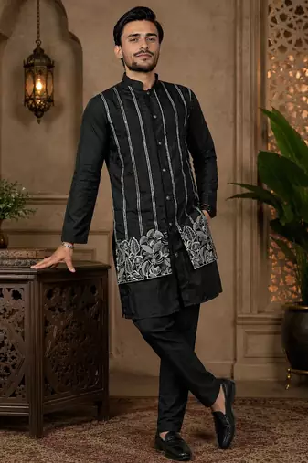 Black color embroidery work silk indo ethnic men's kurta payjama set