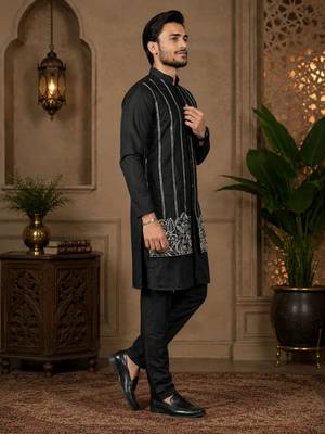 Black color embroidery work silk indo ethnic men's kurta payjama set 3