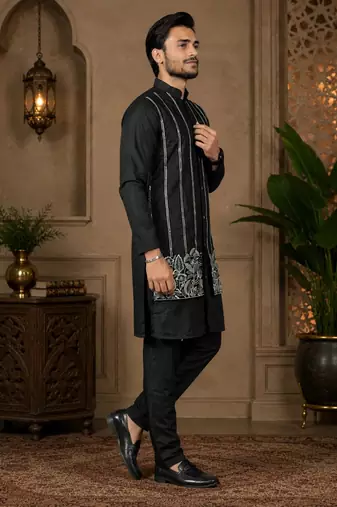 Black color embroidery work silk indo ethnic men's kurta payjama set