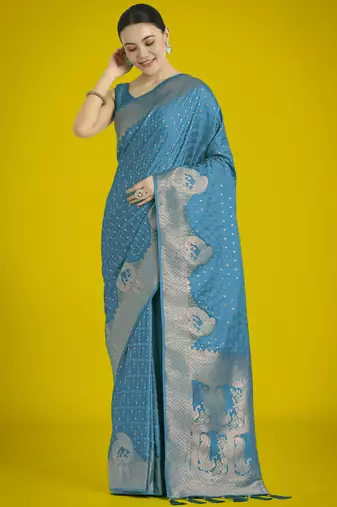 rama silk blend banarasi jacuard work saree with unstitched blouse piece