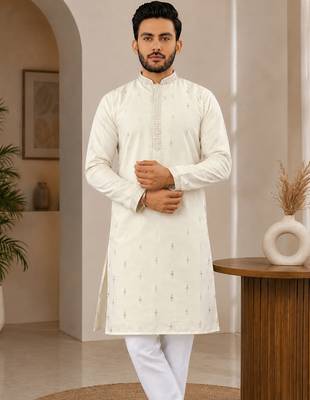 Off-white color all over silver jari with embroidery buti matka silk men's kurta payjama set 3