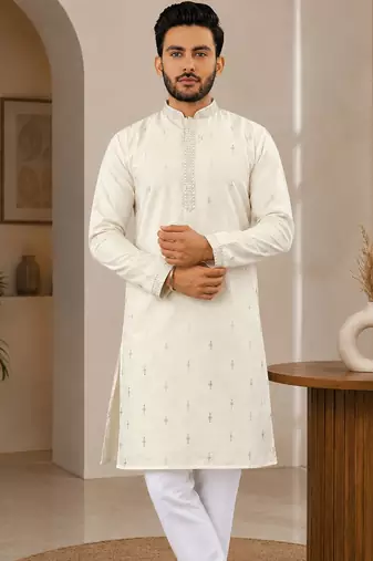 Off-white color all over silver jari with embroidery buti matka silk men's kurta payjama set