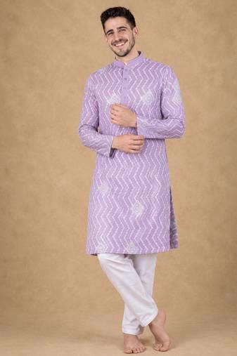 Lavender color unique cross pattern white thread embroidery with silver sequence silk men's kurta payjama set