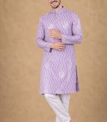 Lavender color unique cross pattern white thread embroidery with silver sequence silk men's kurta payjama set
