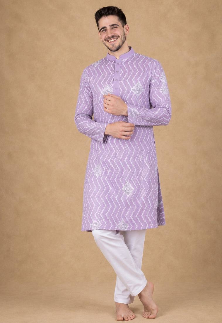Lavender color unique cross pattern white thread embroidery with silver sequence silk men's kurta payjama set