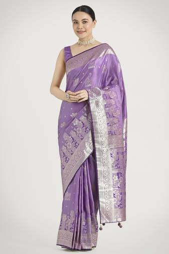 lavender silk blend banarasi jacuard work saree with unstitched blouse piece